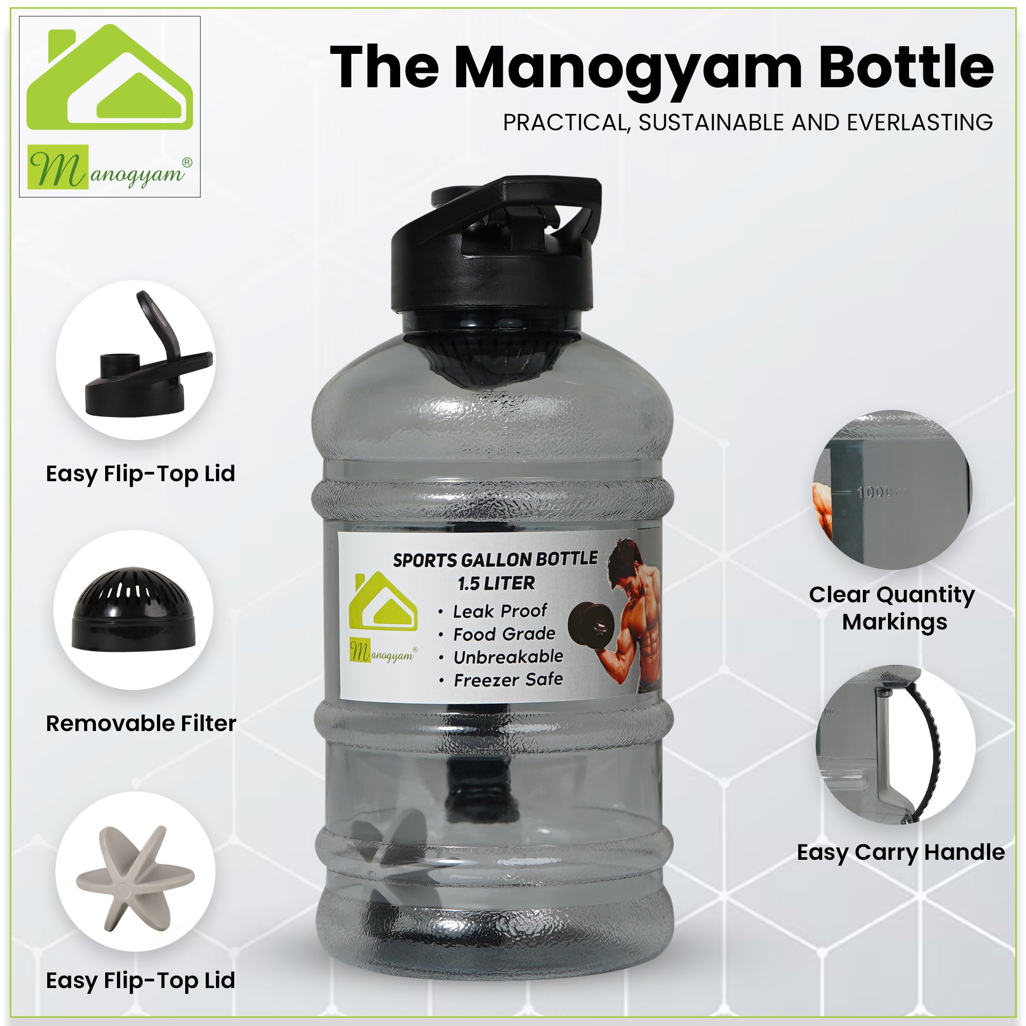 मिक्सर बॉल और स्ट्रेनर के साथ मनोग्यम जिम बोतल (1.5L)